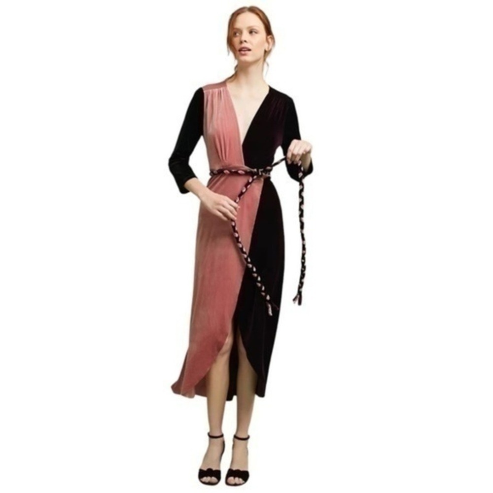 MISA Los Angeles Dress Paloma Burgundy Blush Velvet Wrap Dress Braided Event NWT - Picture 2 of 11